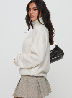 side view of model wearing Princess Polly Finnien Boucle Turtleneck Sweater Cream Longline Jumpers Jumpers 