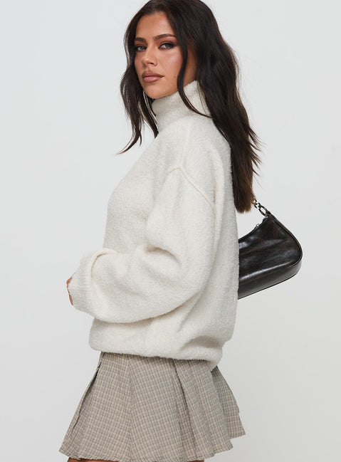side view of model wearing Princess Polly Finnien Boucle Turtleneck Sweater Cream Longline Jumpers Jumpers 