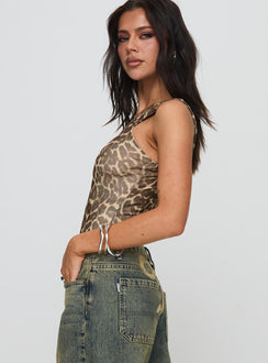 side view of model wearing Princess Polly Serenata Bodysuit Leopard Sleeveless Bodysuit 