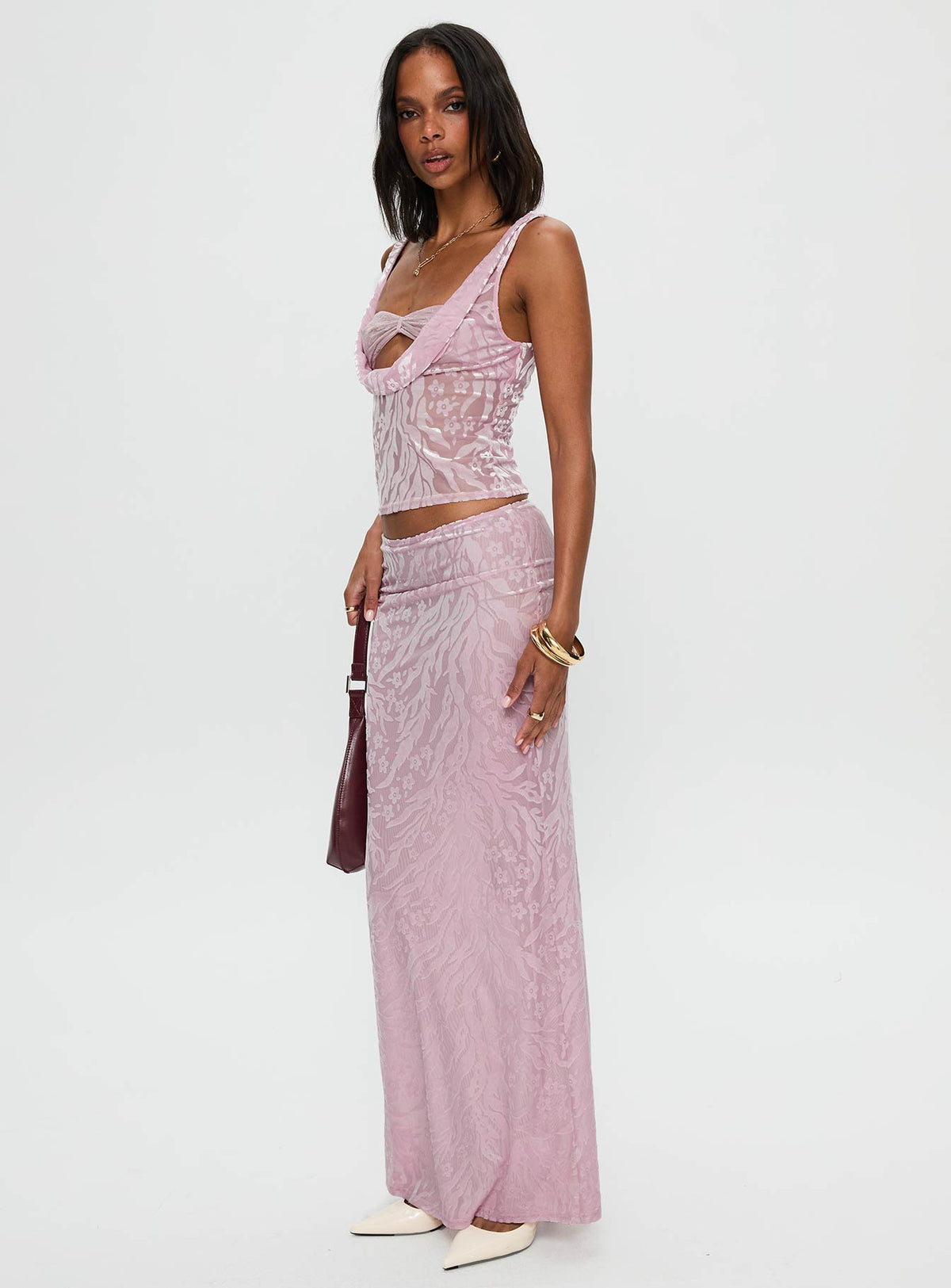   side view of model wearing Princess Polly Kalei Maxi Skirt Pink Floral Maxi Skirts Skirts 