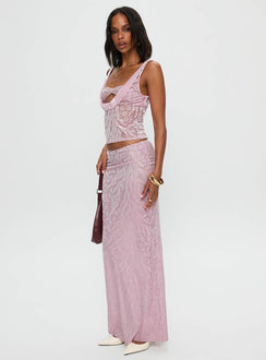   side view of model wearing Princess Polly Kalei Maxi Skirt Pink Floral Maxi Skirts Skirts 