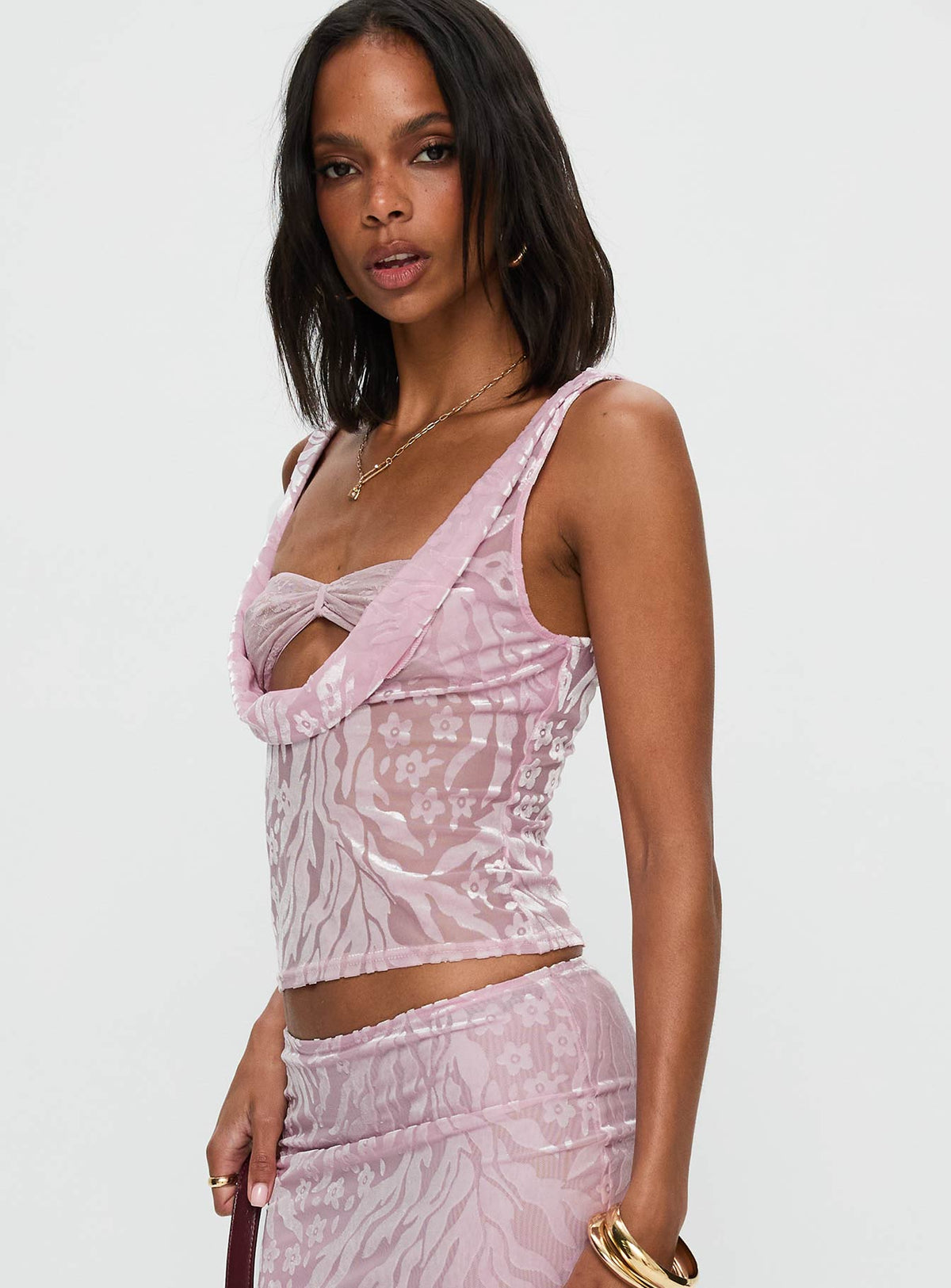 side view of model wearing Princess Polly Delilah Top Pink Sleeveless Cowl 