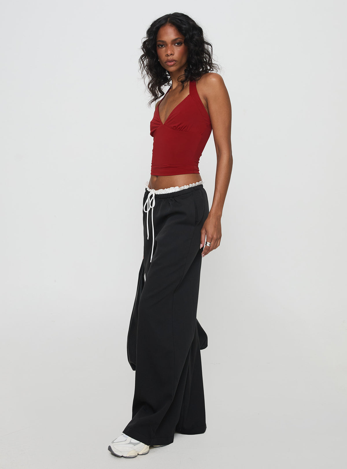 side view of model wearing Princess Polly Pilly Pants Black High Rise Pants Pants 