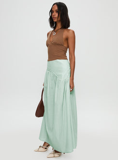   side view of model wearing Princess Polly Yasemine Maxi Skirt Green / White Maxi Skirts Skirts 