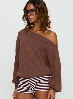 side view of model wearing Princess Polly Noble Off The Shoulder Sweater Chocolate Jumpers 