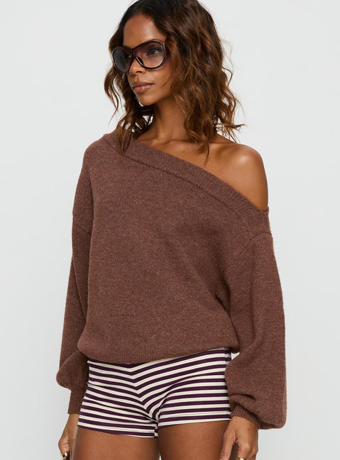 side view of model wearing Princess Polly Noble Off The Shoulder Sweater Chocolate Jumpers 