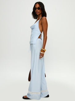 side view of model wearing Princess Polly Summer Too Hot Pant Blue Stripe High Rise Pants Pants 