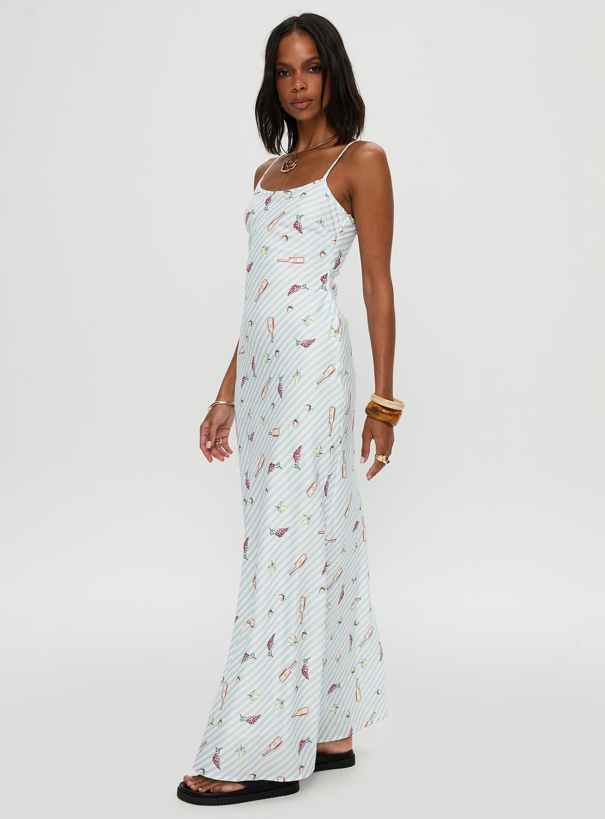 side view of model wearing Princess Polly Charcuterie Maxi Dress Blue Scoop Neck 