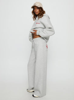 side view of model wearing Princess Polly Princess Polly Stargirl Wide Leg Sweat Pants Grey Marle High Rise Pants Pants 
