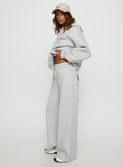 side view of model wearing Princess Polly Princess Polly Stargirl Wide Leg Sweat Pants Grey Marle High Rise Pants Pants 