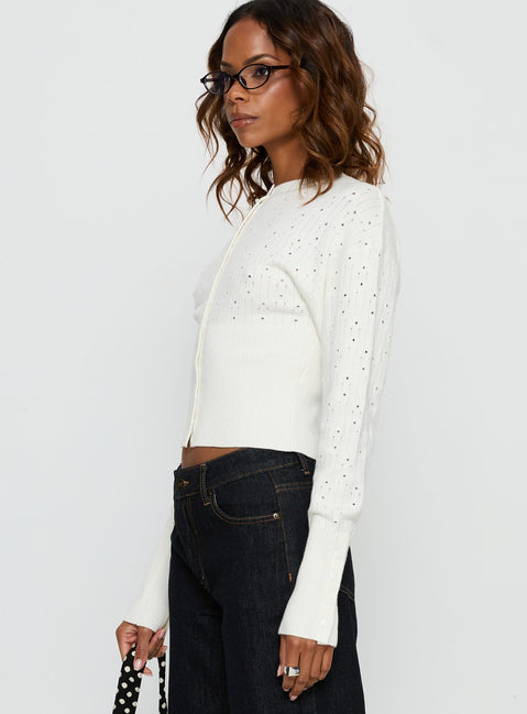 side view of model wearing Princess Polly Head In The Clouds Cardigan Cream cropped Jumpers 