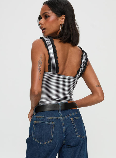 back view of model wearing Princess Polly Trustfund Lace Trim Bodysuit Black / White Check Sleeveless Bodysuit 