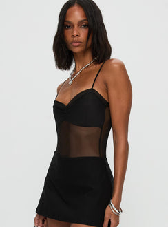 side view of model wearing Princess Polly In The Club Bodysuit Black Sleeveless Bodysuit 