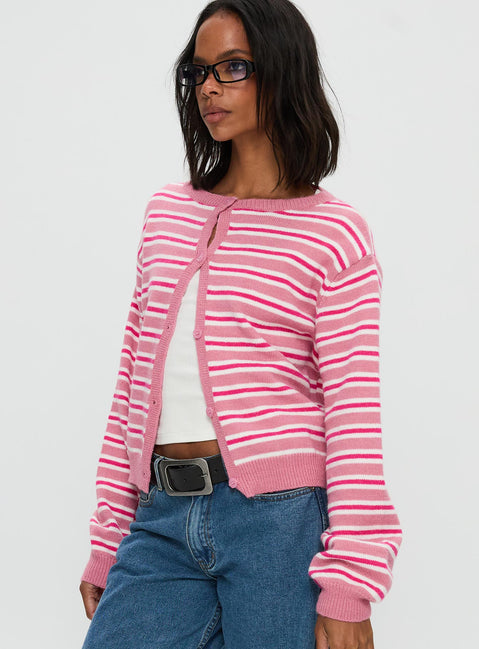 side view of model wearing Princess Polly Heavenly Dream Cardigan Pink Stripe Cropped Jumpers Jumpers 