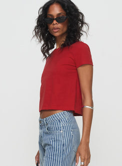 side view of model wearing Princess Polly Micah Tee Red Short Sleeves Crew Neck 