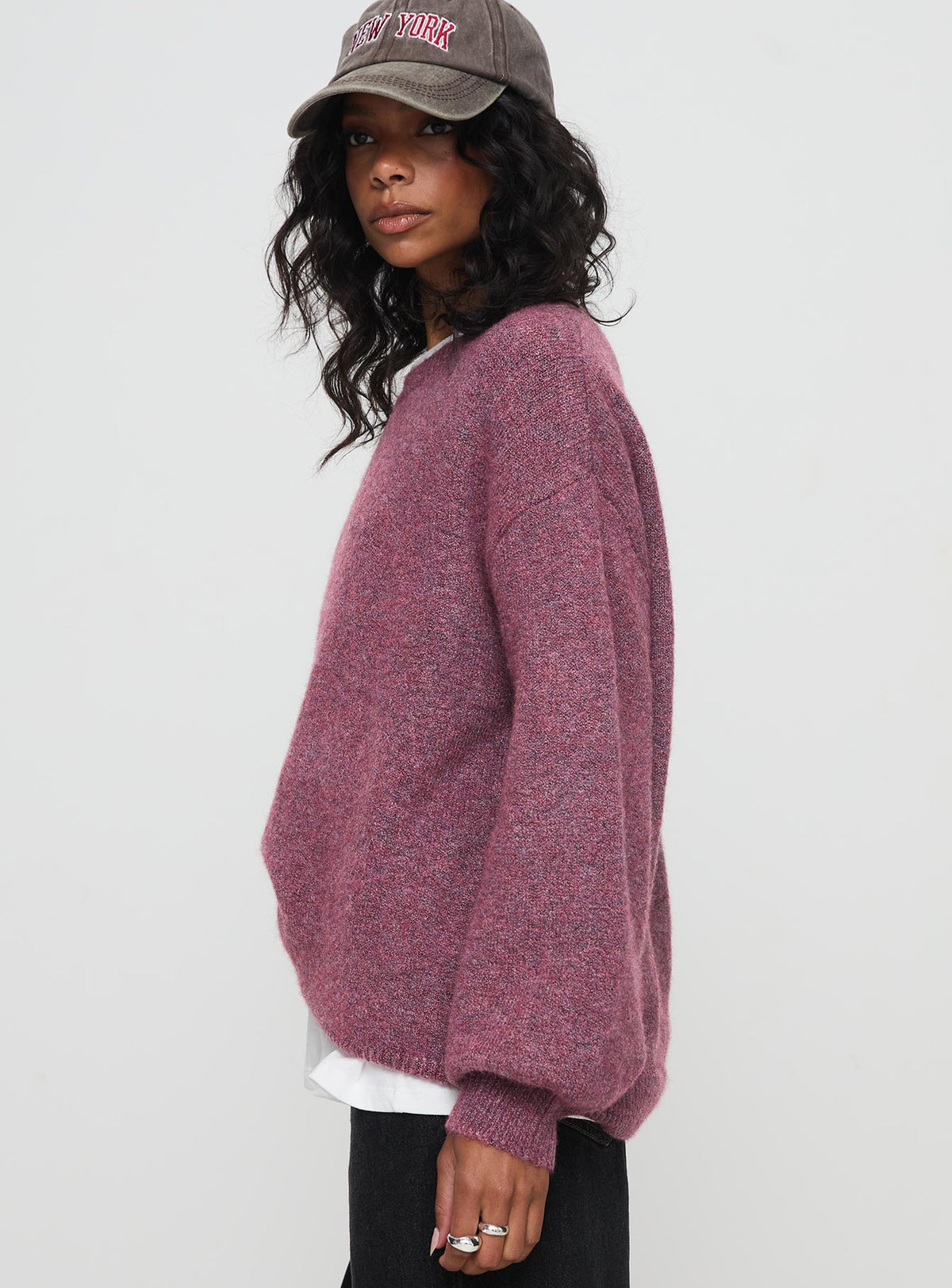 side view of model wearing Princess Polly Ryanna Sweater Burgundy Longline Jumpers Jumpers 