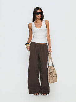 Designed with Lunea Concealed Waistband Pants Brown Petite womens-regular-pants featuring high-rise on-body view of model wearing Princess Polly