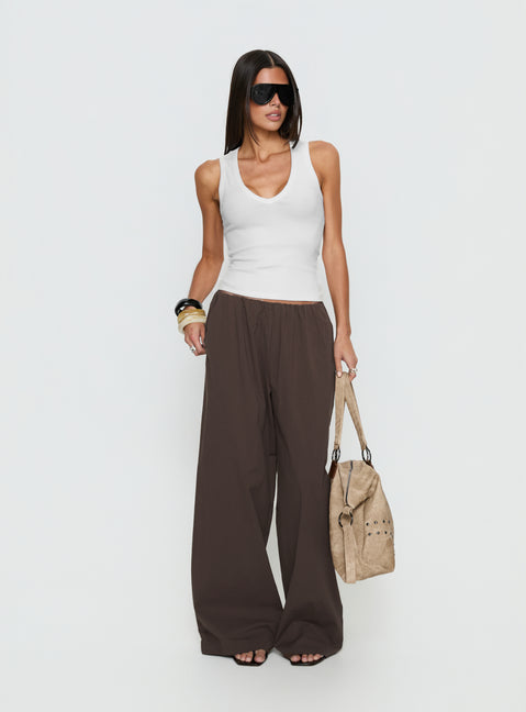 Designed with Lunea Concealed Waistband Pants Brown Petite womens-regular-pants featuring high-rise on-body view of model wearing Princess Polly