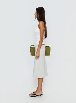   side view of model wearing Princess Polly Baseline Rib Midi Skirt Grey Marle Midi Skirts Skirts 