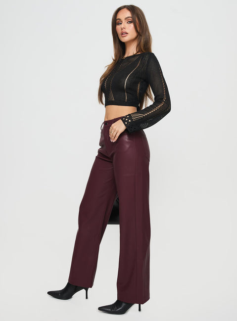 side view of model wearing Princess Polly Dempsey Faux Leather Pants Deep Cherry High Rise Pants Pants 