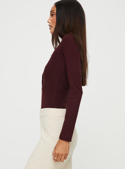 side view of model wearing Princess Polly Kandis Long Sleeve Bodysuit Burgundy Long Sleeve Tops Bodysuit 