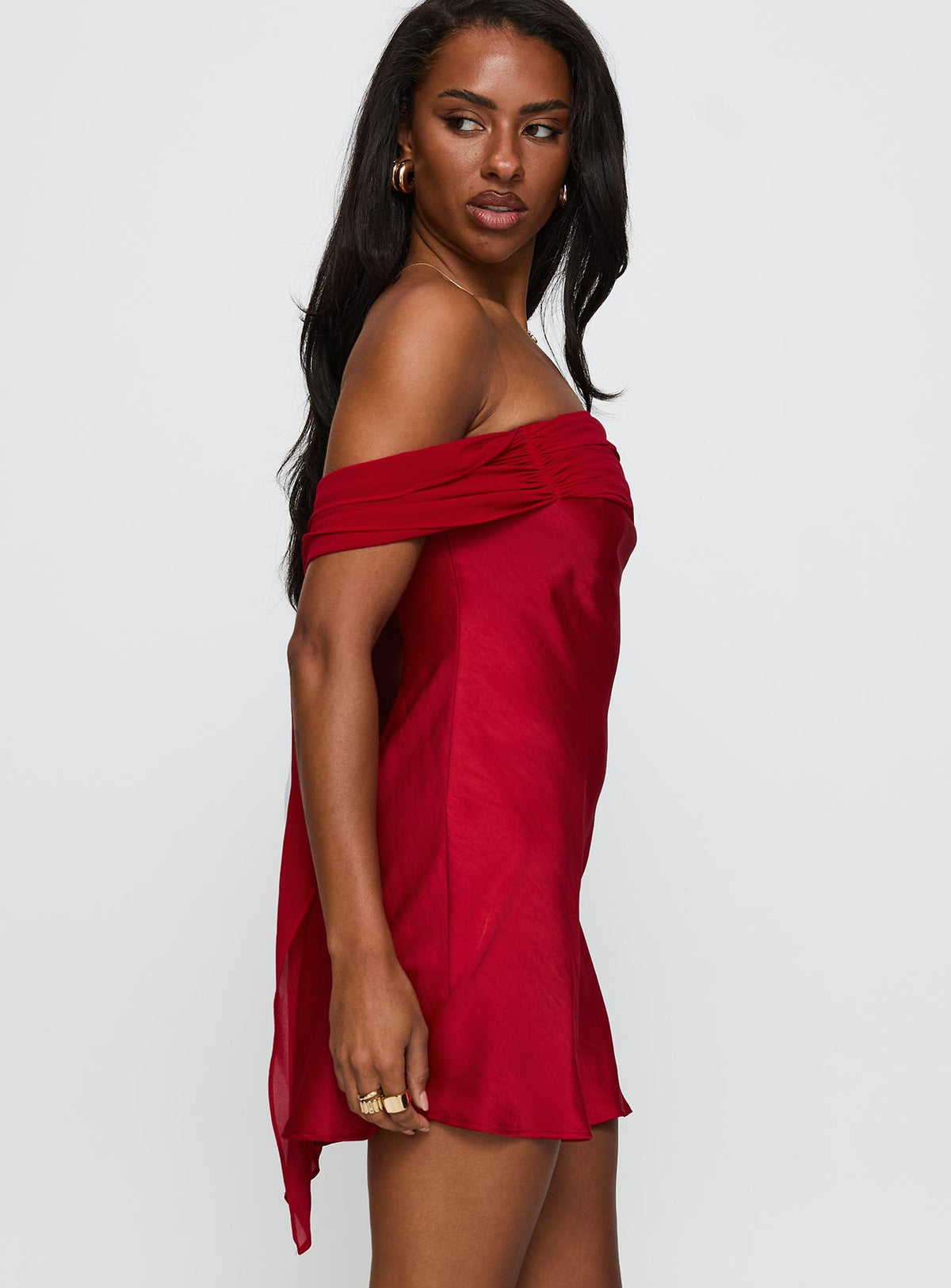 side view of model wearing Princess Polly Adoration Mini Dress Red Straight Neck 