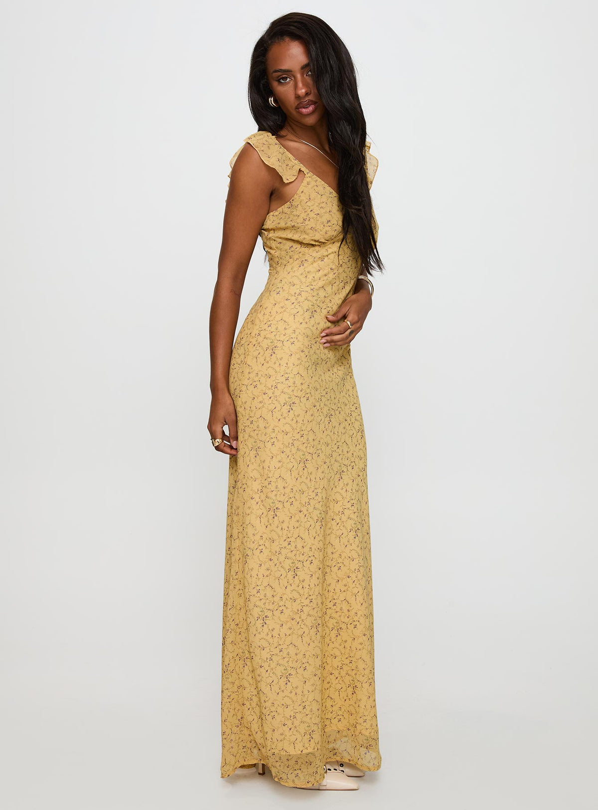 side view of model wearing Princess Polly Dearlie Frill Maxi Dress Multi V-Neck 