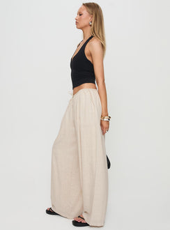 side view of model wearing Princess Polly Beach Comber Linen Pant Beige High Rise Pants Pants 