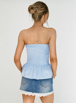 back view of model wearing Princess Polly Jaymie Strapless Bow Top Blue Sleeveless straight 