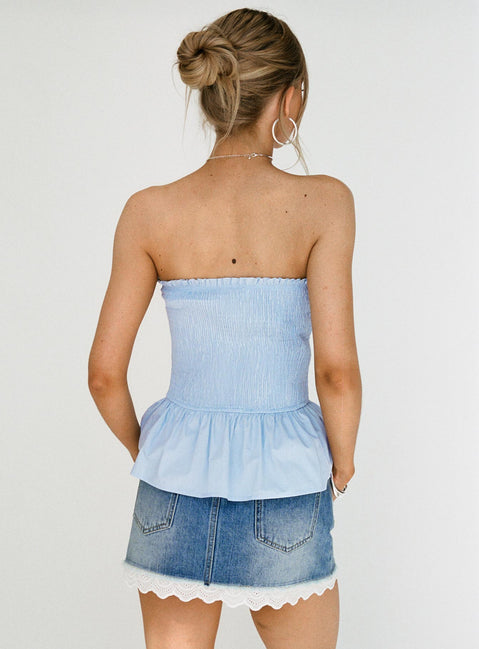 back view of model wearing Princess Polly Jaymie Strapless Bow Top Blue Sleeveless straight 