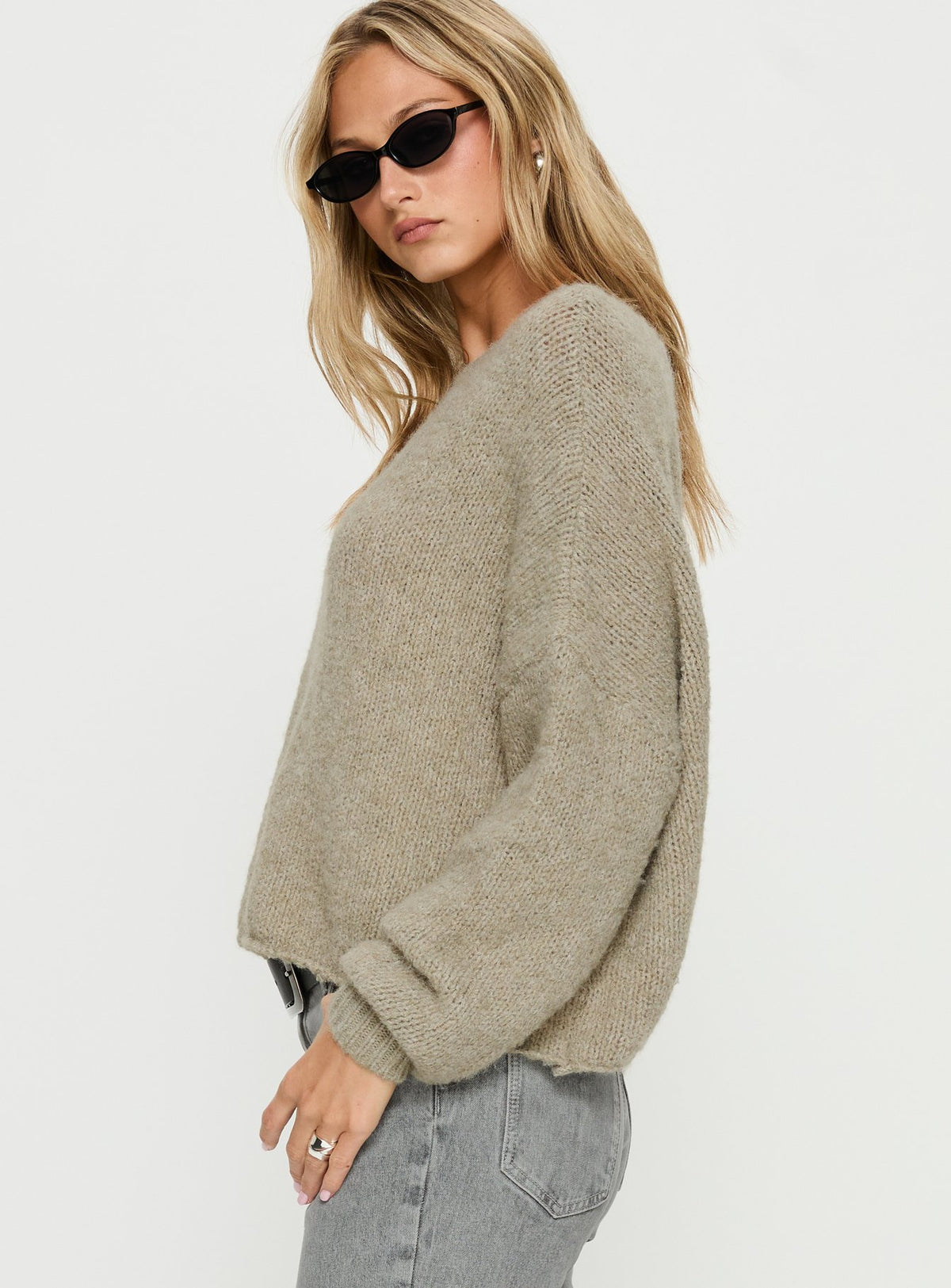 side view of model wearing Princess Polly Ramy Wide Neck Knit Sweater Olive Cropped Jumpers Jumpers 
