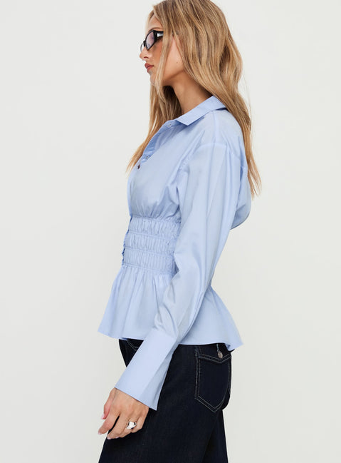 As You Are Shirred Button Up Top Soft Blue