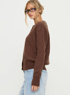 Designed with the Melancholia Cardigan Chocolate womens jumpers featuring short length from side view of model wearing Princess Polly