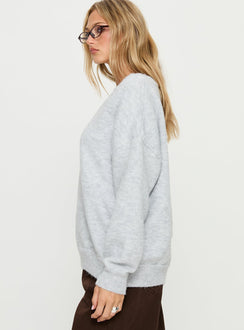 side view of model wearing Princess Polly Stay The Night V Neck Knit Sweater Grey Marle regular Jumpers 