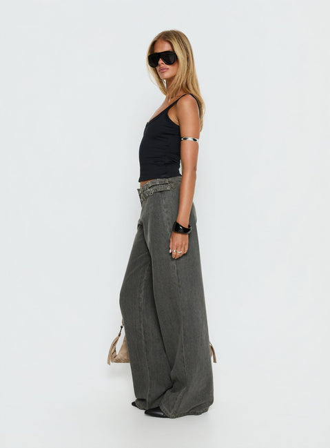 side view of model wearing Princess Polly Paltrow Mid Rise Wide Leg Cargo Jeans Washed Grey Mid Rise Jeans Jeans 