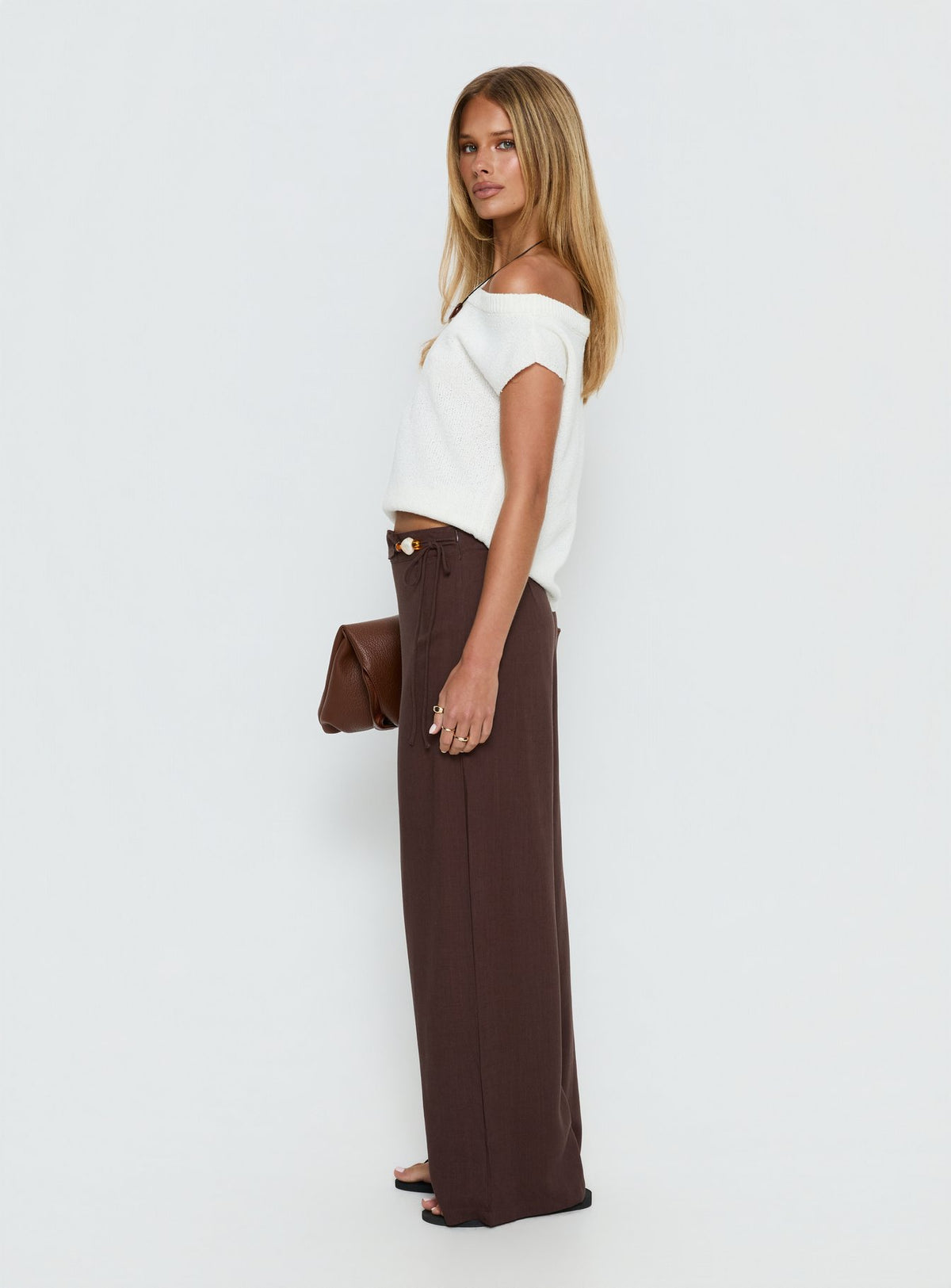 side view of model wearing Princess Polly Pine For You Bead Detail Linen Pant Brown High Rise Pants Pants 