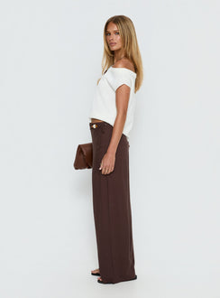 side view of model wearing Princess Polly Pine For You Bead Detail Linen Pant Brown High Rise Pants Pants 