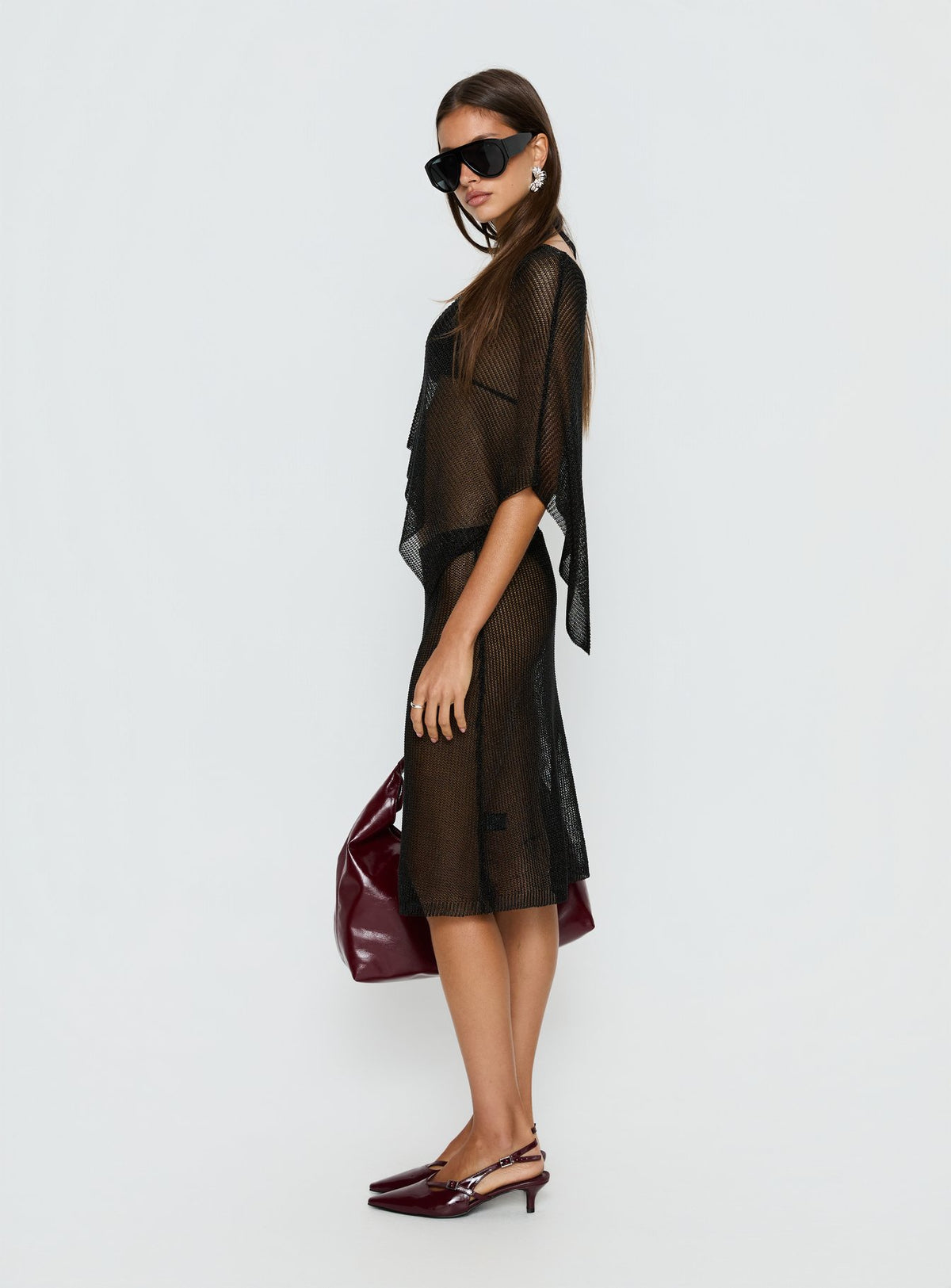 Luminous Midi Skirt Black womens-skirts featuring midi length detail view of model wearing Princess Polly