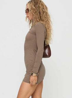 side view of model wearing Princess Polly Lex Long Sleeve Mini Dress Olive Crew Neck 