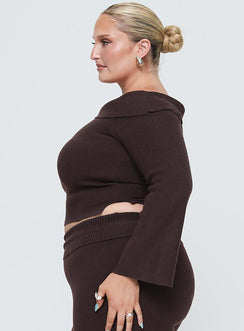 side view of model wearing Princess Polly Sina Off The Shoulder Top Chocolate Curve Cropped Jumpers Jumpers 