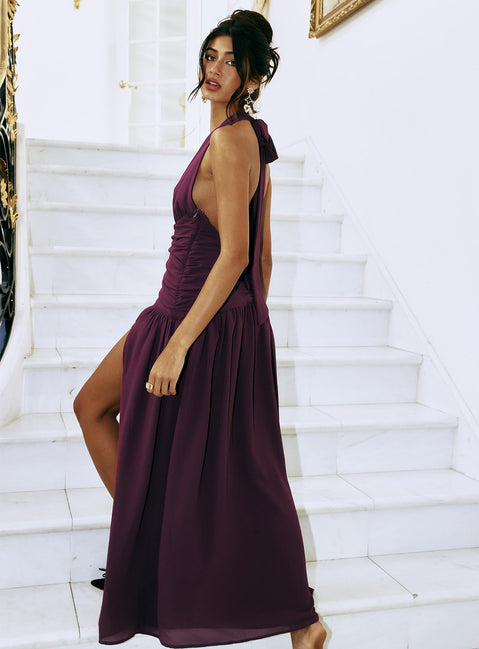 side view of model wearing Princess Polly Paolio Halter Maxi Dress Plum Plunger 
