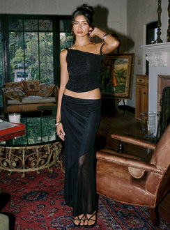 side view of model wearing Princess Polly Messenger One Shoulder Top Black Sleeveless Asymmetric Neckline 