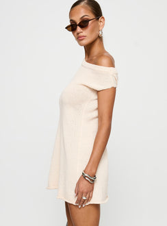 side view of model wearing Princess Polly Liberation Off The Shoulder Mini Dress White Asymmetric Neckline 