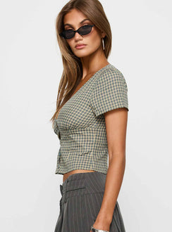 side view of model wearing Princess Polly Isolda Top Multi Check Short Sleeves Plunger 