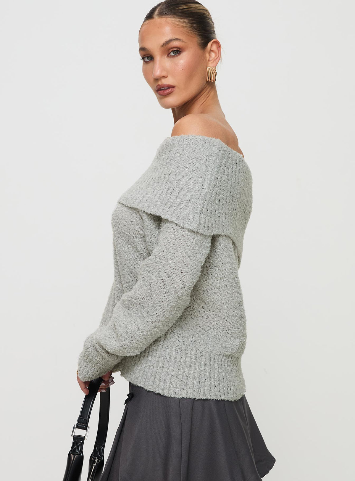 side view of model wearing Princess Polly Parkley Boucle Off The Shoulder Sweater Grey Marle Jumpers 