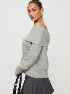 side view of model wearing Princess Polly Parkley Boucle Off The Shoulder Sweater Grey Marle Jumpers 