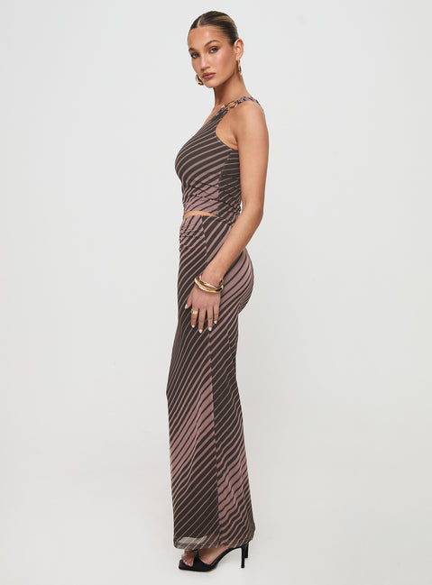   side view of model wearing Princess Polly Whiley Maxi Skirt Multi Stripe Maxi Skirts Skirts 