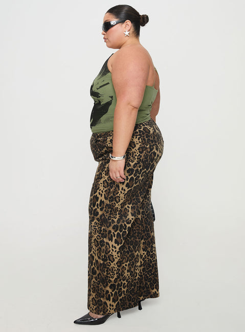side view of model wearing Princess Polly Pantar Low Rise Pants Leopard Curve Low Rise Pants Pants 