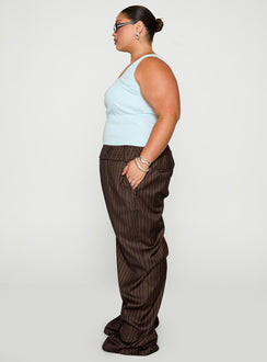 side view of model wearing Princess Polly Cedars Low Rise Pant Brown Stripe Curve Low Rise Pants Pants 