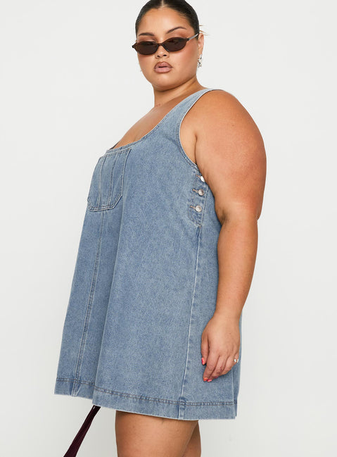 side view of model wearing Princess Polly State Of Mind Mini Dress Blue Denim Curve Scoop Neck 